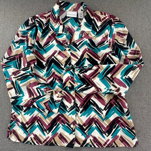 Alfred Dunner Button Down Shirt Long Sleeves Multicolor Abstract Print 8 Teal - Picture 3 of 13
